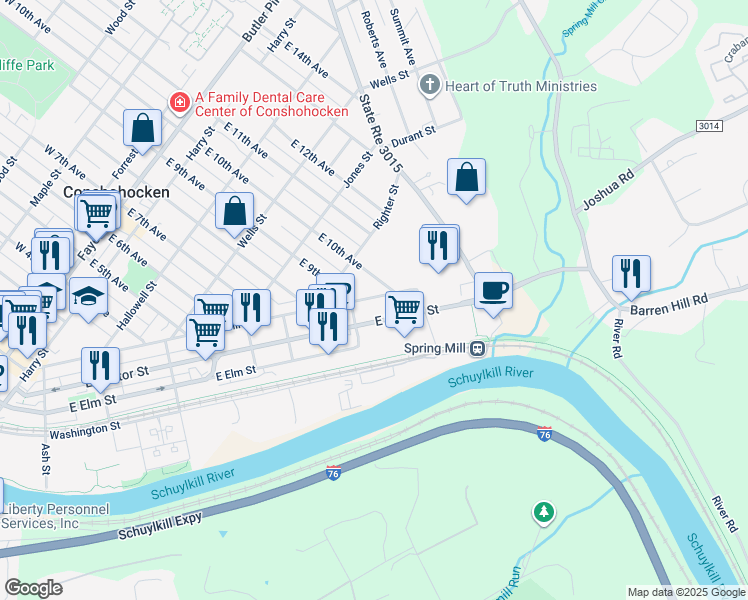 map of restaurants, bars, coffee shops, grocery stores, and more near 927 Spring Mill Avenue in Conshohocken