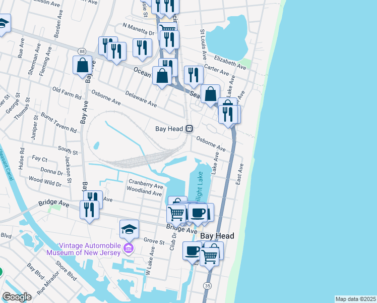 map of restaurants, bars, coffee shops, grocery stores, and more near 174 Twilight Rd in Bay Head
