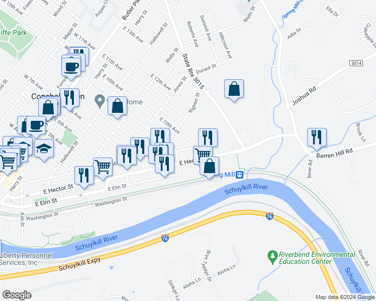 map of restaurants, bars, coffee shops, grocery stores, and more near 927 Spring Mill Avenue in Conshohocken