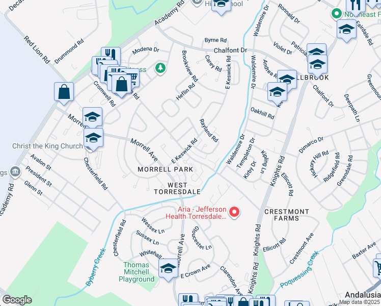 map of restaurants, bars, coffee shops, grocery stores, and more near 3605 Red Lion Road in Philadelphia