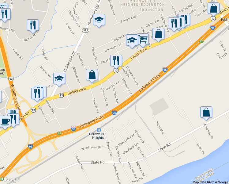 map of restaurants, bars, coffee shops, grocery stores, and more near 882 Simons Avenue in Bensalem