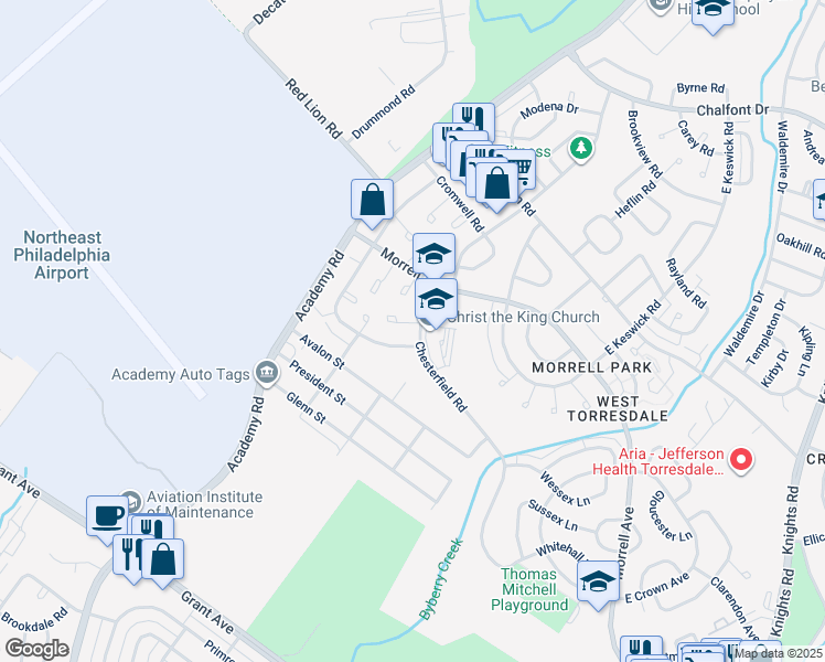 map of restaurants, bars, coffee shops, grocery stores, and more near 3244 Chesterfield Road in Philadelphia
