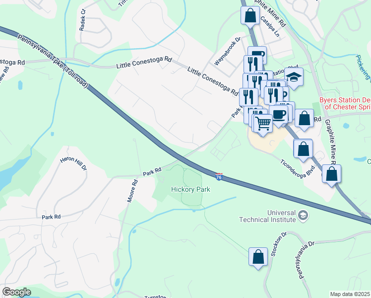 map of restaurants, bars, coffee shops, grocery stores, and more near 104 Heather Hill Drive in Downingtown