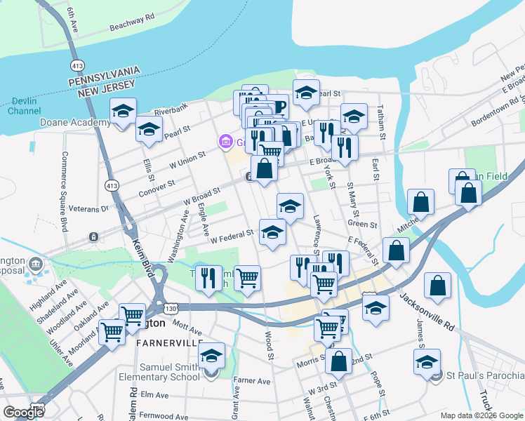 map of restaurants, bars, coffee shops, grocery stores, and more near 443 Locust Avenue in Burlington