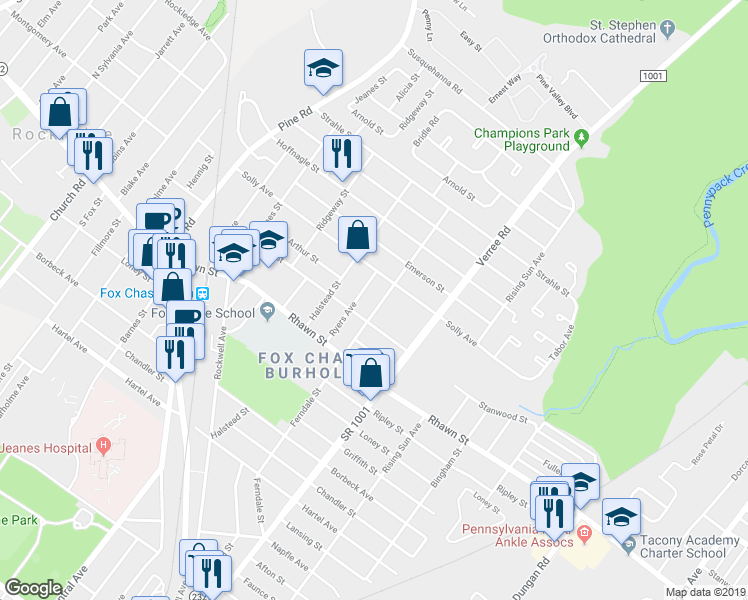map of restaurants, bars, coffee shops, grocery stores, and more near 8116 Ferndale Street in Philadelphia
