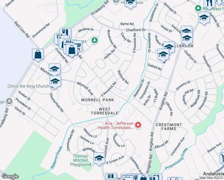 map of restaurants, bars, coffee shops, grocery stores, and more near 3605 Red Lion Road in Philadelphia