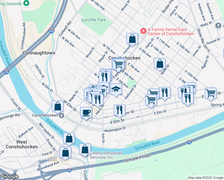 map of restaurants, bars, coffee shops, grocery stores, and more near 326 Harry Street in Conshohocken