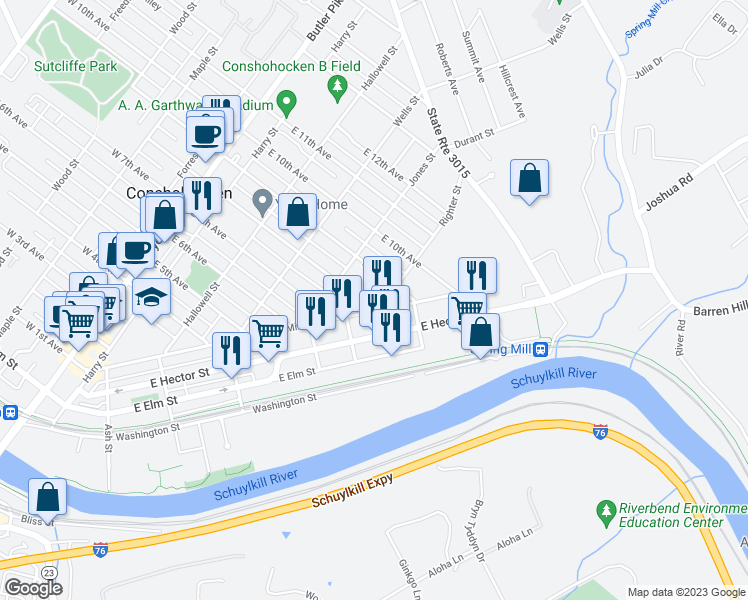 map of restaurants, bars, coffee shops, grocery stores, and more near 434 East 8th Avenue in Conshohocken