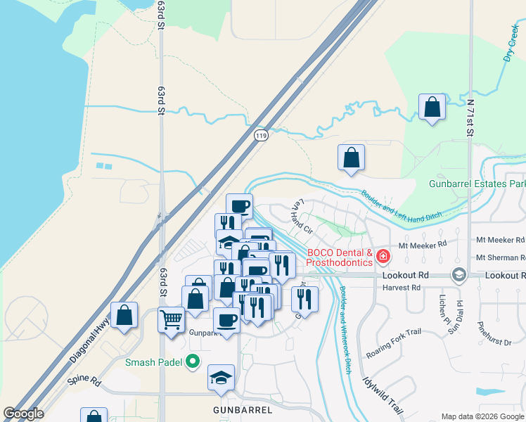 map of restaurants, bars, coffee shops, grocery stores, and more near 6636 Bean Mountain Lane in Boulder