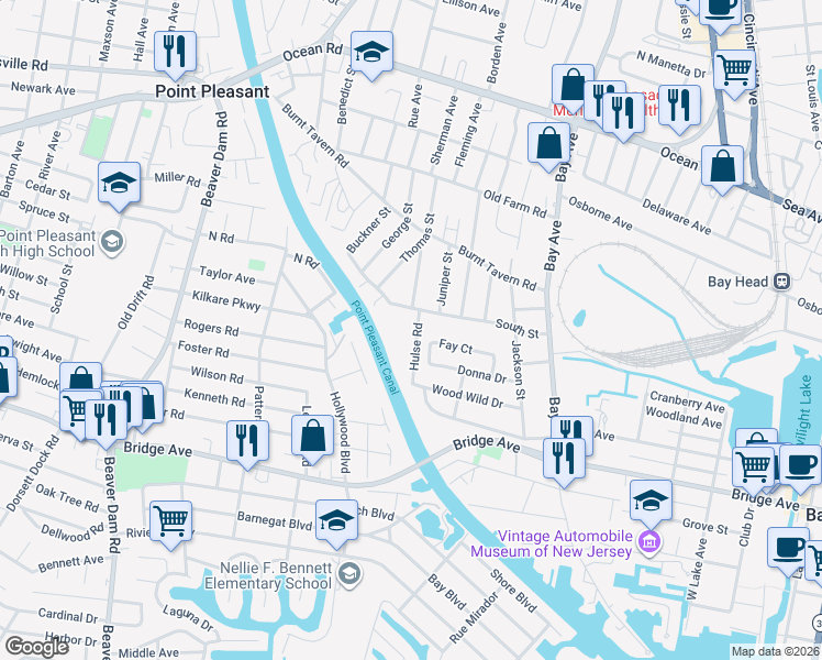 map of restaurants, bars, coffee shops, grocery stores, and more near 1515 Hulse Road in Point Pleasant
