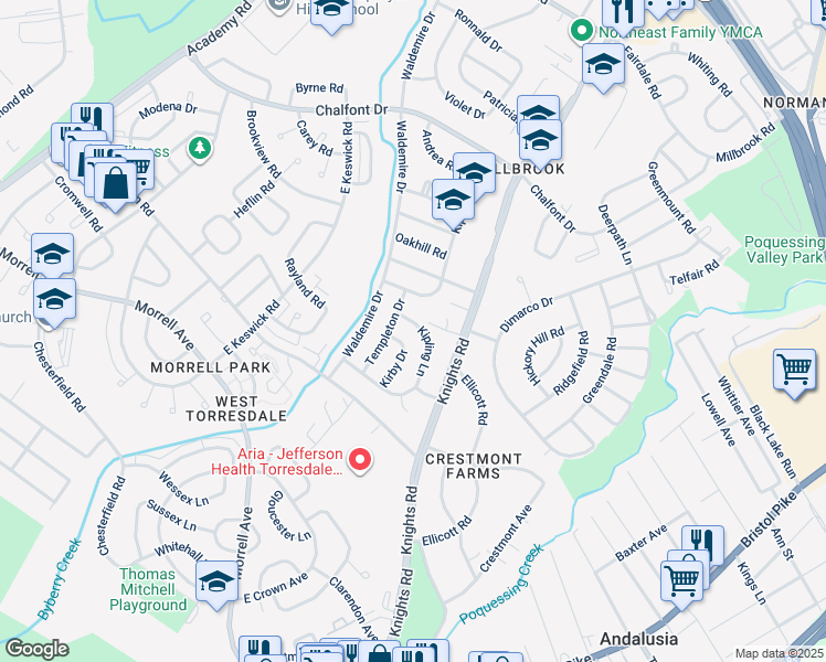 map of restaurants, bars, coffee shops, grocery stores, and more near 10958 Kipling Lane in Philadelphia