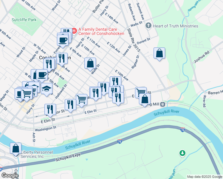 map of restaurants, bars, coffee shops, grocery stores, and more near 430 East 8th Avenue in Conshohocken