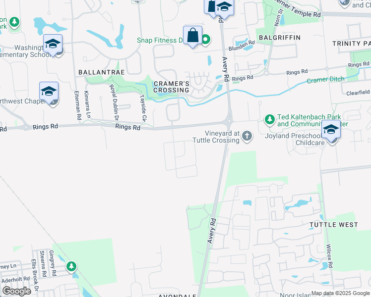 map of restaurants, bars, coffee shops, grocery stores, and more near 5472 Desert Lane in Dublin