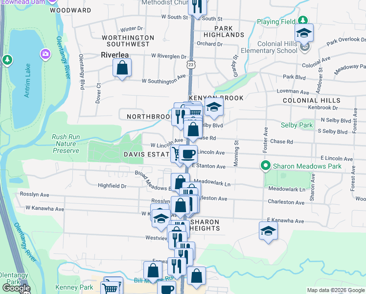 map of restaurants, bars, coffee shops, grocery stores, and more near 5545 North High Street in Columbus