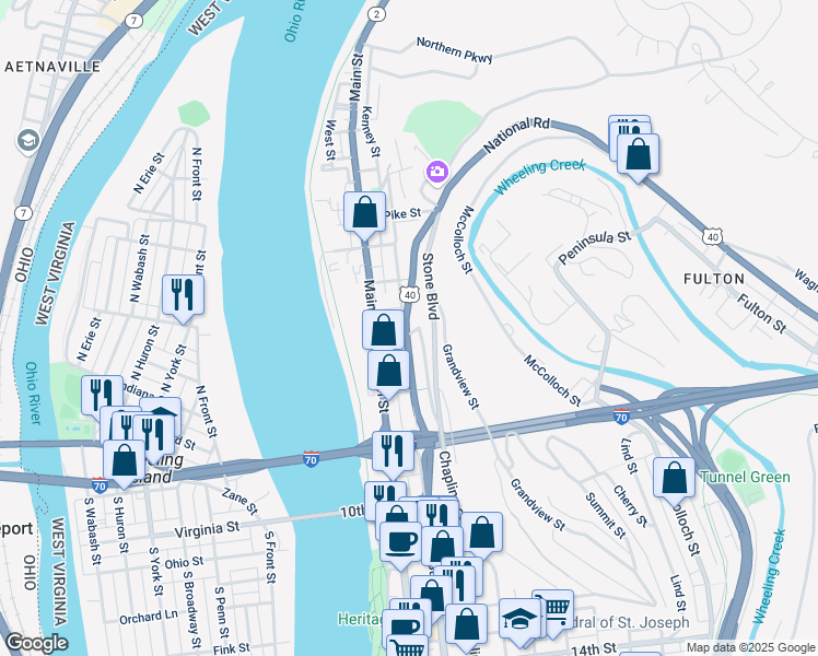map of restaurants, bars, coffee shops, grocery stores, and more near 8 National Road in Wheeling
