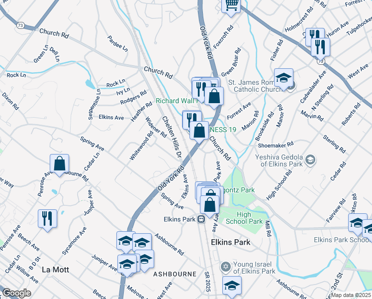 map of restaurants, bars, coffee shops, grocery stores, and more near 8010 Old York Road in Elkins Park