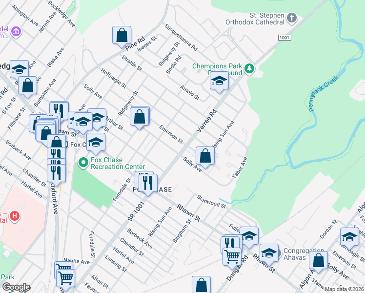 map of restaurants, bars, coffee shops, grocery stores, and more near 8206 Verree Road in Philadelphia