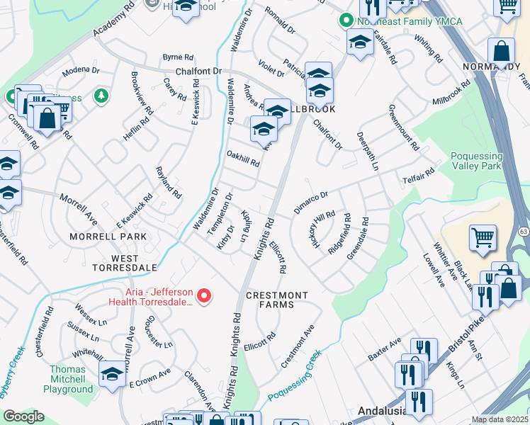 map of restaurants, bars, coffee shops, grocery stores, and more near 10962 Knights Road in Philadelphia