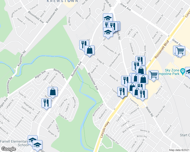 map of restaurants, bars, coffee shops, grocery stores, and more near 9122 Old Newtown Road in Philadelphia