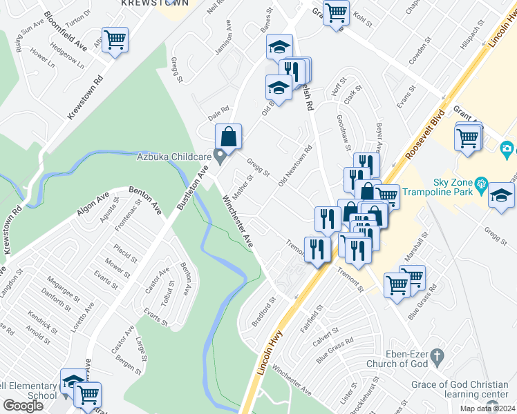 map of restaurants, bars, coffee shops, grocery stores, and more near 9119 Old Newtown Road in Philadelphia
