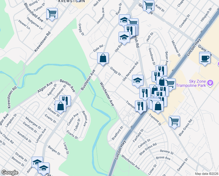 map of restaurants, bars, coffee shops, grocery stores, and more near 2005 Winchester Avenue in Philadelphia