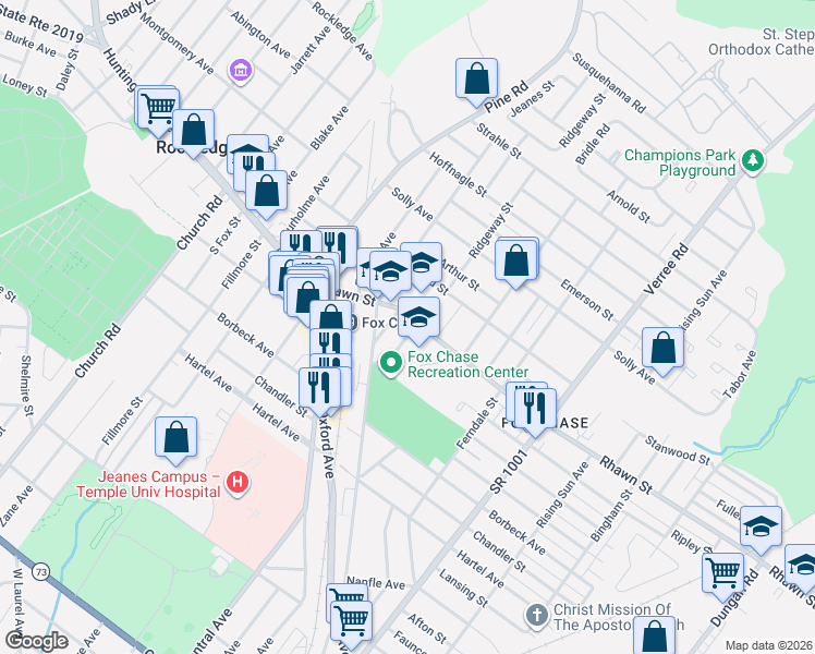map of restaurants, bars, coffee shops, grocery stores, and more near 700 Rhawn Street in Philadelphia
