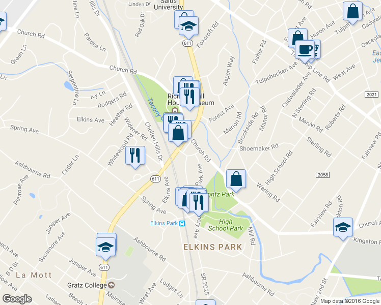 map of restaurants, bars, coffee shops, grocery stores, and more near 7953 Montgomery Avenue in Elkins Park