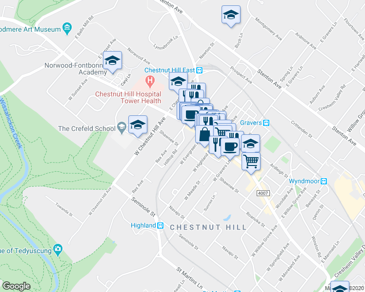 map of restaurants, bars, coffee shops, grocery stores, and more near 109 Hilltop Road in Philadelphia