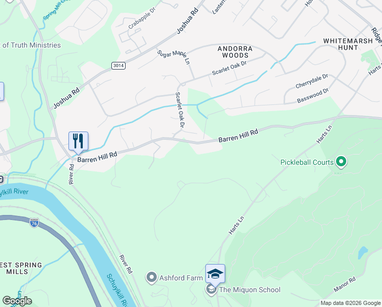 map of restaurants, bars, coffee shops, grocery stores, and more near 313 Barren Hill Rd in Conshohocken