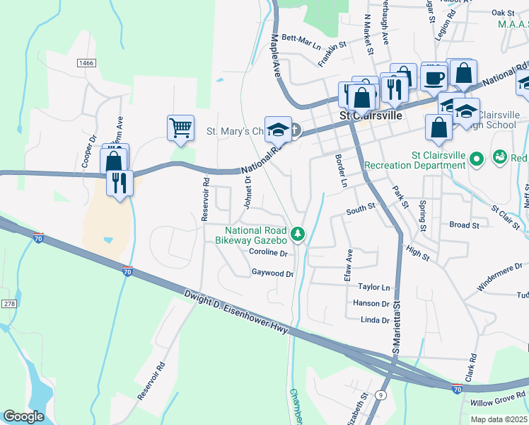 map of restaurants, bars, coffee shops, grocery stores, and more near 9 Iona Drive in Saint Clairsville