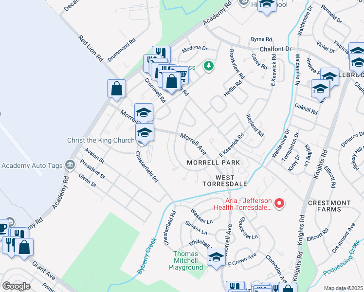 map of restaurants, bars, coffee shops, grocery stores, and more near 3316 Kayford Circle in Philadelphia