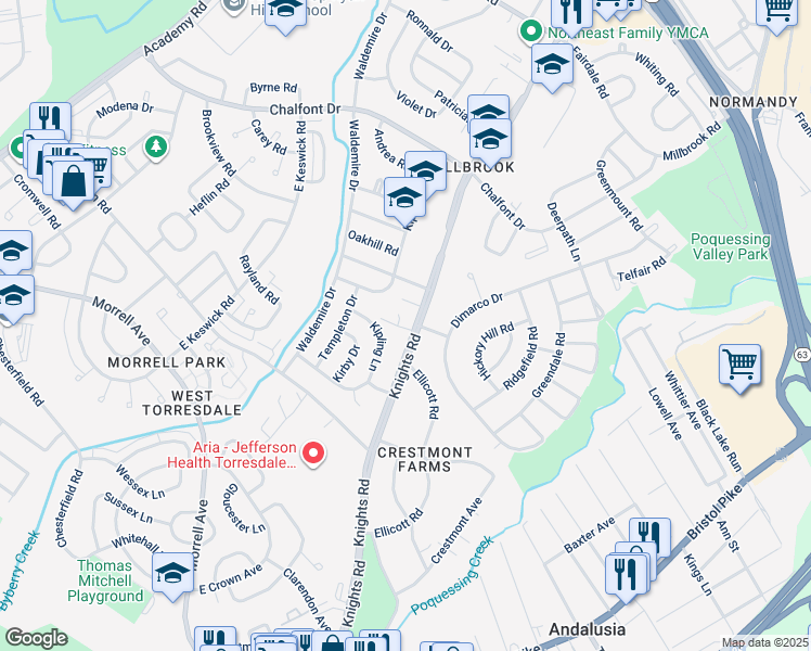 map of restaurants, bars, coffee shops, grocery stores, and more near 10962 Knights Road in Philadelphia