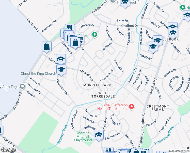 map of restaurants, bars, coffee shops, grocery stores, and more near 3318 Ashfield Lane in Philadelphia
