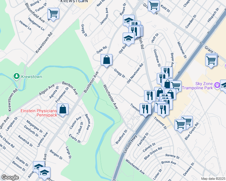 map of restaurants, bars, coffee shops, grocery stores, and more near 9122 Old Newtown Road in Philadelphia