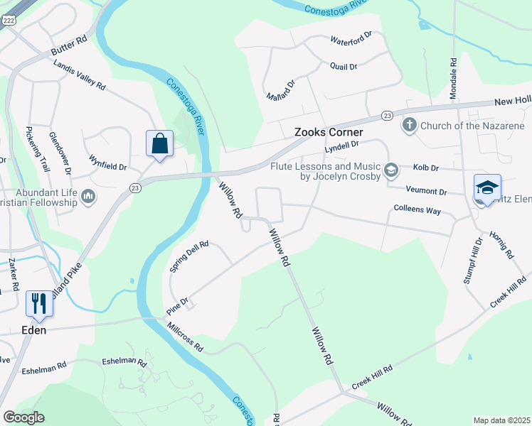 map of restaurants, bars, coffee shops, grocery stores, and more near 813 Willow Rd in Lancaster