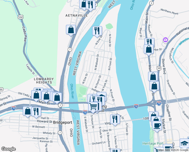 map of restaurants, bars, coffee shops, grocery stores, and more near 314 North Wabash Street in Wheeling