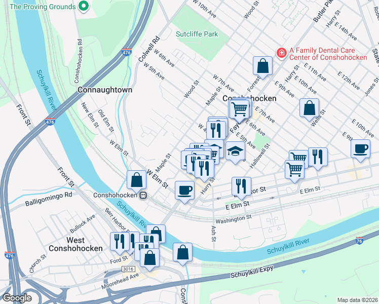 map of restaurants, bars, coffee shops, grocery stores, and more near 213A Forrest Street in Conshohocken