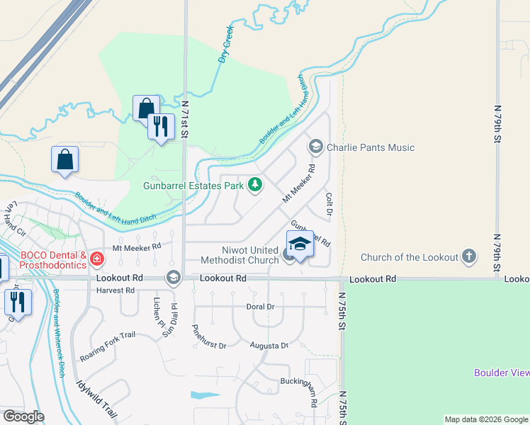 map of restaurants, bars, coffee shops, grocery stores, and more near 7330 Mount Meeker Road in Longmont