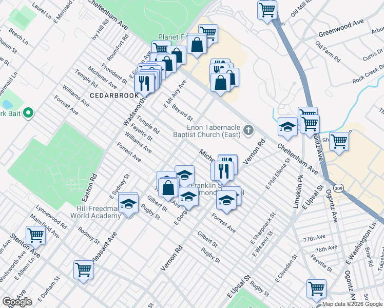 map of restaurants, bars, coffee shops, grocery stores, and more near 8102 Temple Road in Philadelphia