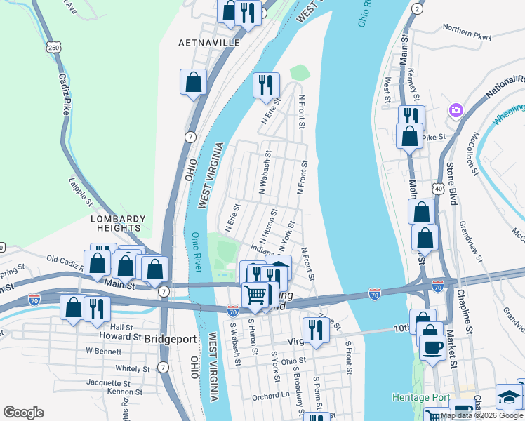 map of restaurants, bars, coffee shops, grocery stores, and more near 314 North Wabash Street in Wheeling