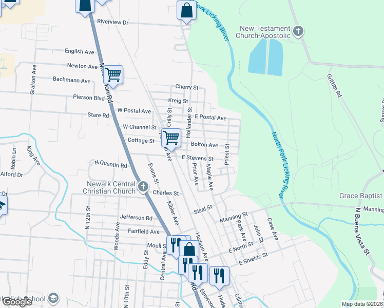 map of restaurants, bars, coffee shops, grocery stores, and more near 3 East Stevens Street in Newark