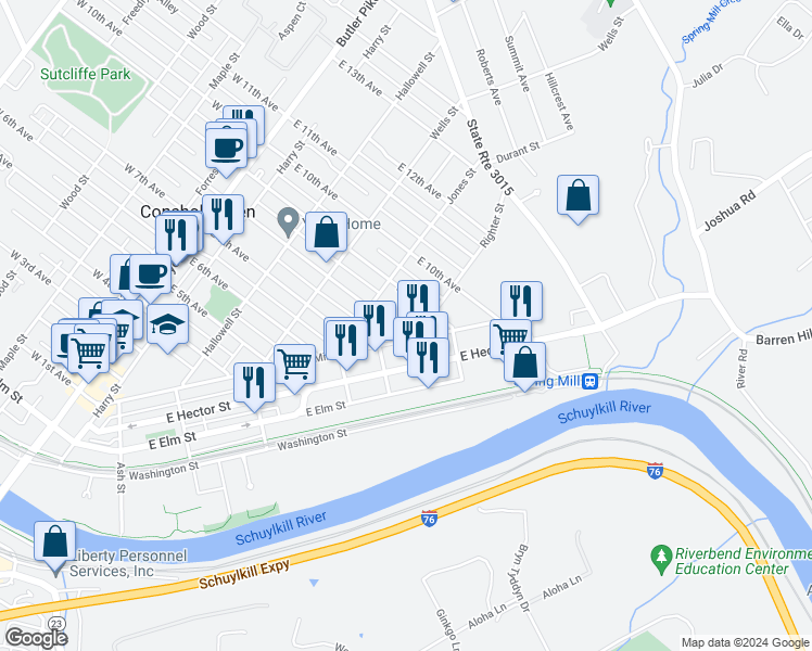map of restaurants, bars, coffee shops, grocery stores, and more near 430 East 8th Avenue in Conshohocken