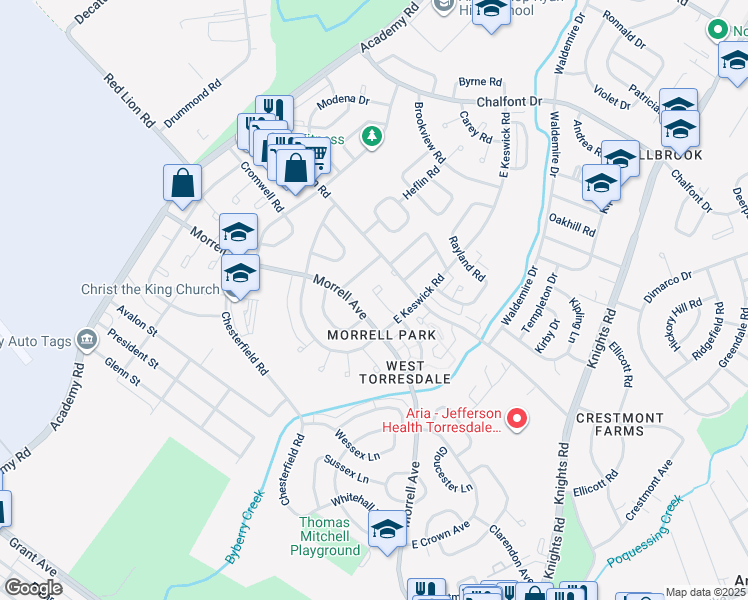 map of restaurants, bars, coffee shops, grocery stores, and more near 3318 Ashfield Lane in Philadelphia
