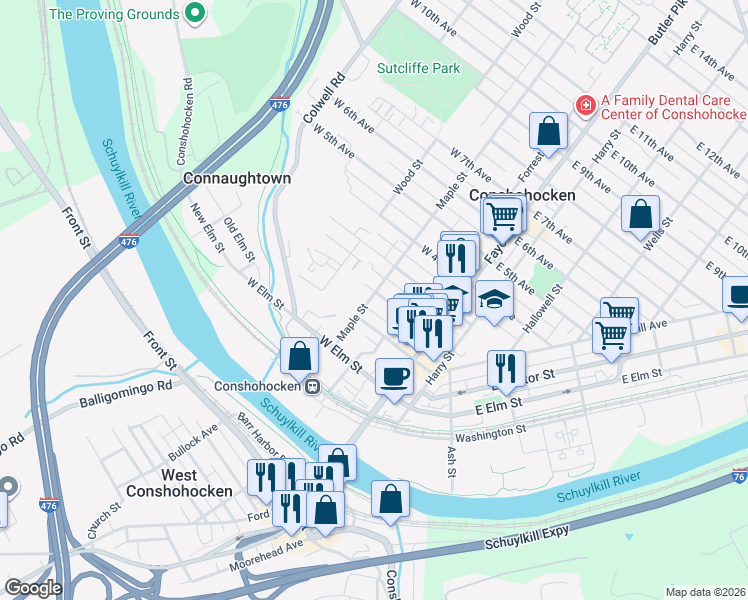 map of restaurants, bars, coffee shops, grocery stores, and more near 137 West 2nd Avenue in Conshohocken