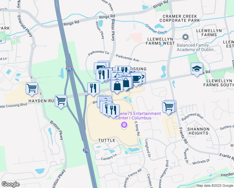map of restaurants, bars, coffee shops, grocery stores, and more near 5061 Tuttle Crossing Boulevard in Dublin