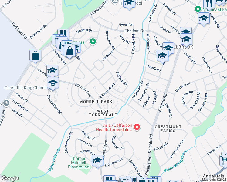 map of restaurants, bars, coffee shops, grocery stores, and more near 3612 Drumore Drive in Philadelphia