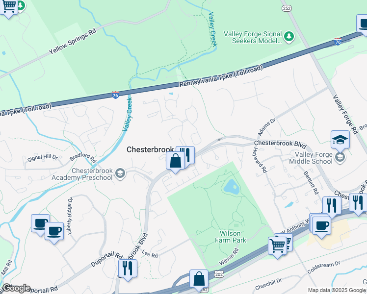 map of restaurants, bars, coffee shops, grocery stores, and more near 1707 Mountainview Drive in Chesterbrook