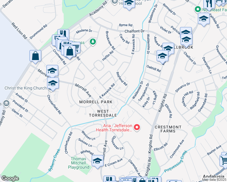 map of restaurants, bars, coffee shops, grocery stores, and more near 3612 Drumore Drive in Philadelphia