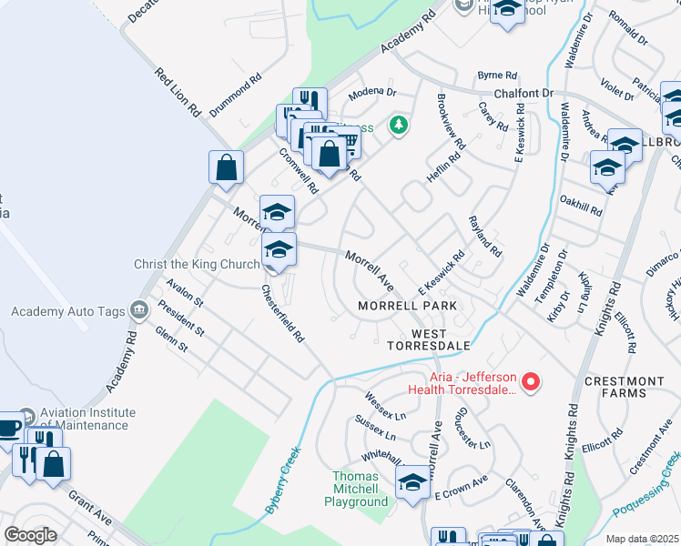 map of restaurants, bars, coffee shops, grocery stores, and more near 3319 South Keswick Road in Philadelphia