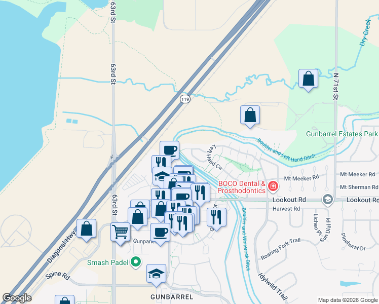 map of restaurants, bars, coffee shops, grocery stores, and more near 6636 Bean Mountain Lane in Boulder